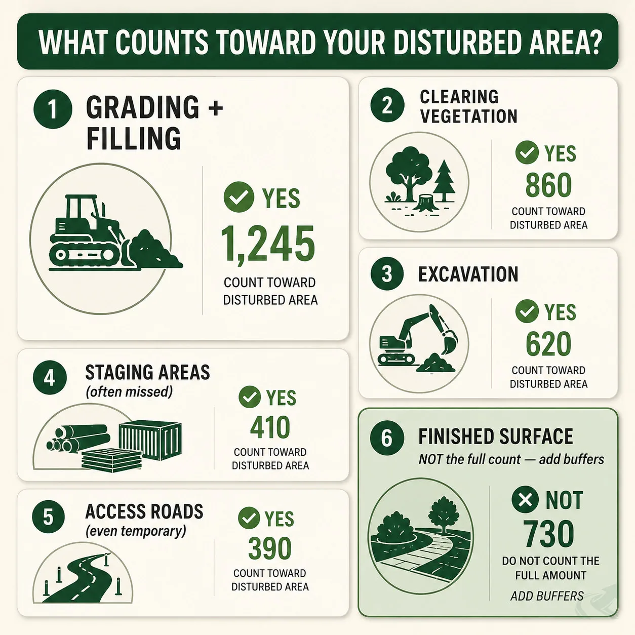 Bento-grid decision chart showing six NC land-disturbing activities that count toward the permit threshold: grading and filling, clearing vegetation, excavation, staging areas, access roads all count; the finished surface alone does not — add the buffer clearing and staging area to get the true disturbed footprint