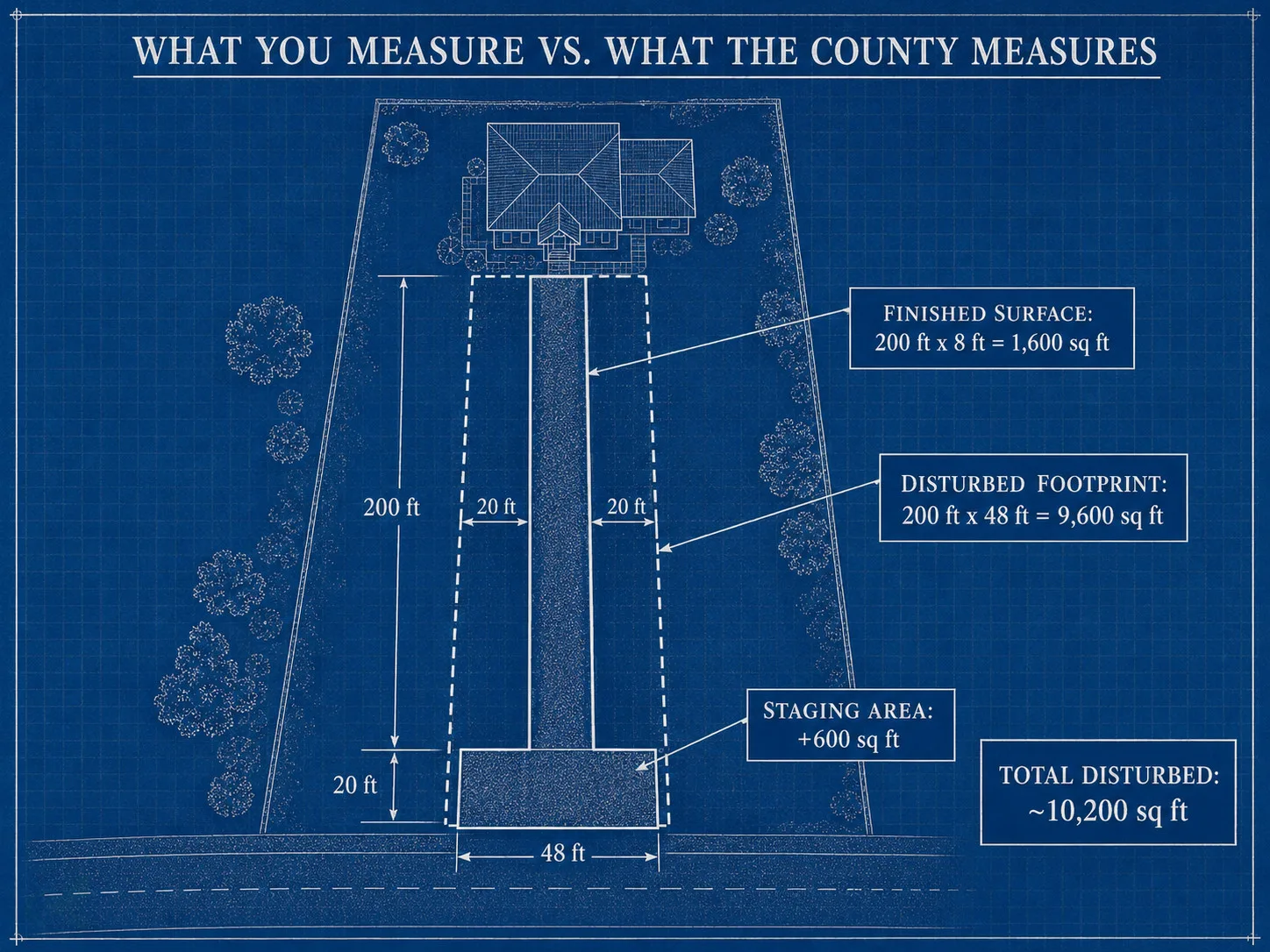 Blueprint aerial plan of a 200-foot residential driveway showing two overlapping areas: the finished surface (200 x 8 ft = 1,600 sq ft) as a solid outline, and the full disturbed footprint (200 x 48 ft = 9,600 sq ft) as a dashed outline with 20-foot clearing buffers on each side plus a 600 sq ft staging area, totaling approximately 10,200 sq ft disturbed