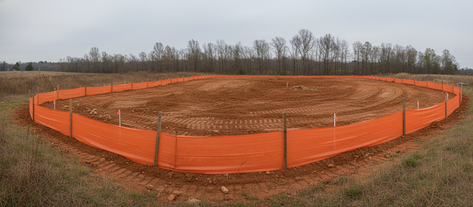 Land disturbance threshold silt fence perimeter around a graded NC red clay lot
