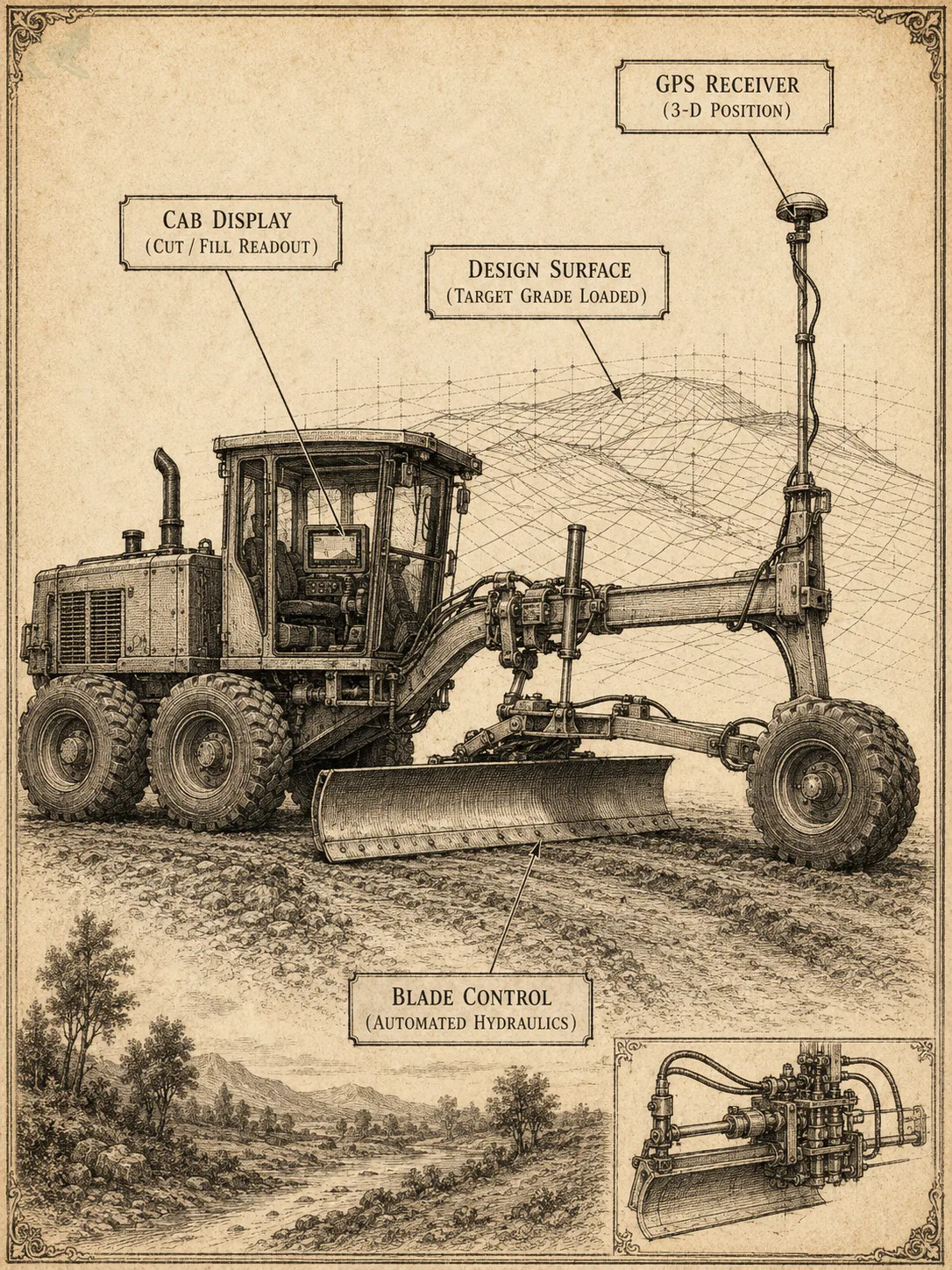 Field-guide engraving of a grading machine showing its four machine-control components: GPS receiver, loaded design surface, cab cut/fill display, and automated blade control