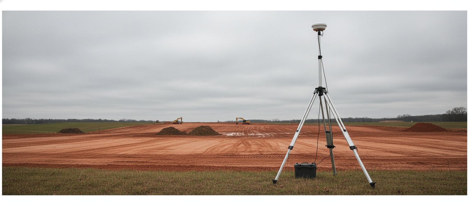Machine control Leica GPS rover on NC red clay graded site with grade stakes
