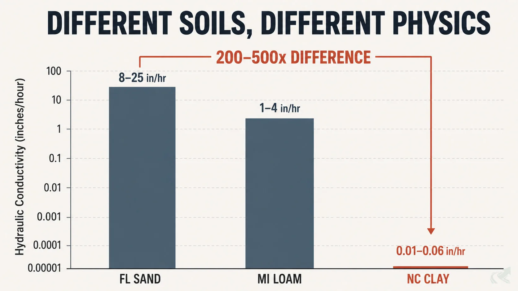 Bar chart comparing hydraulic conductivity of Florida sand (8-25 in/hr), Michigan loam (1-4 in/hr), and NC Piedmont clay (0.01-0.06 in/hr) — a 200 to 500x difference shown at a glance