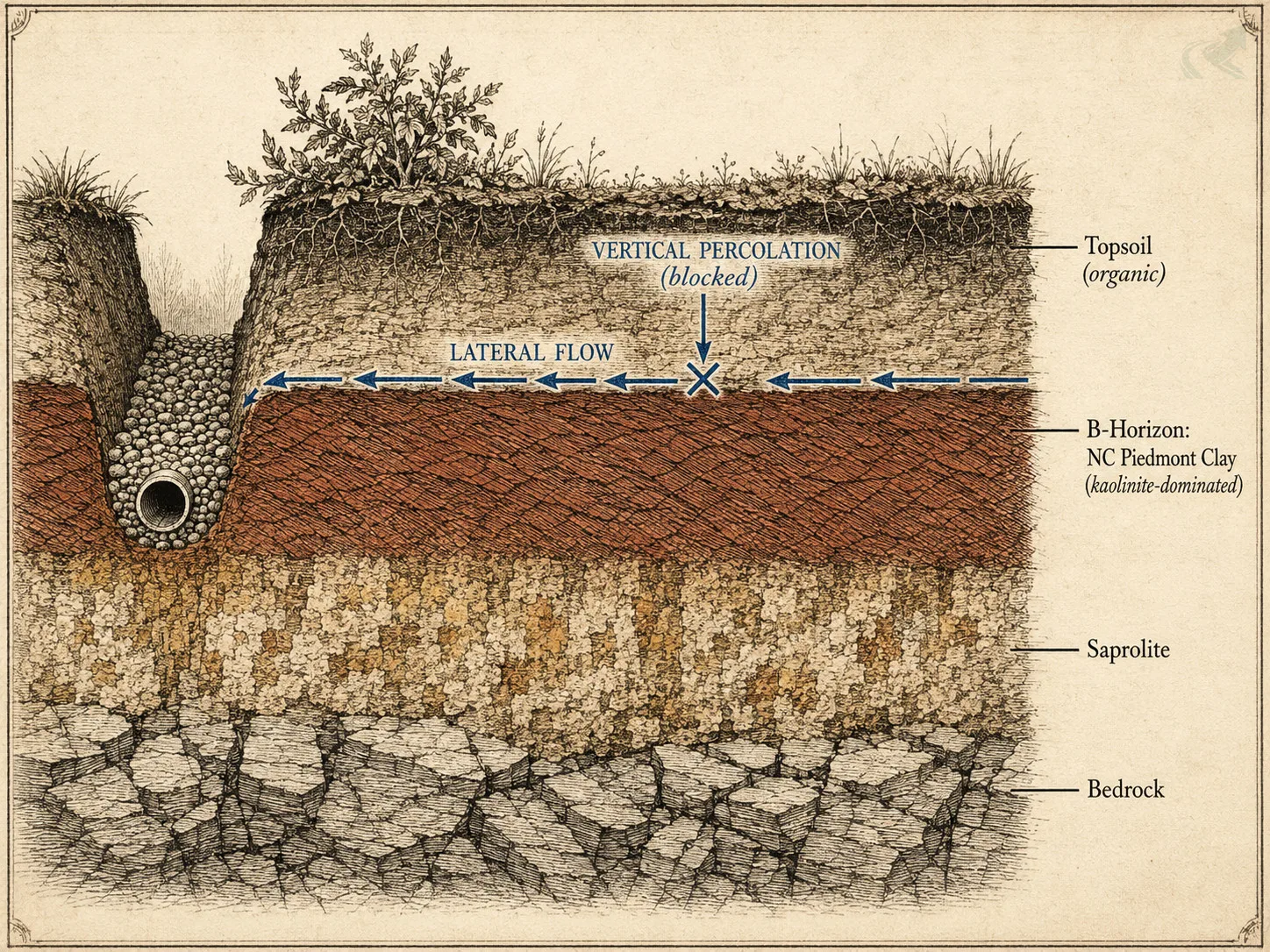Vintage field-guide cross-section of NC Piedmont soil showing kaolinite clay horizon blocking vertical percolation and forcing water into lateral flow paths, with a French drain trench intercepting that lateral movement