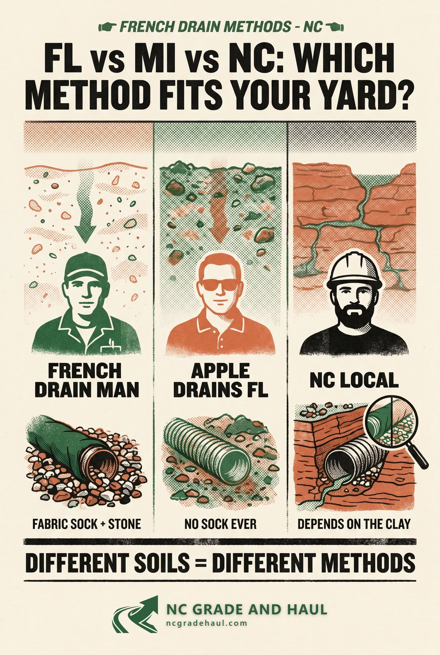 Three French-drain experts disagree because they're solving different problems shaped by the soil under their boots. The NC clay answer is its own method -- not the FL sand method, not the MI loam method.