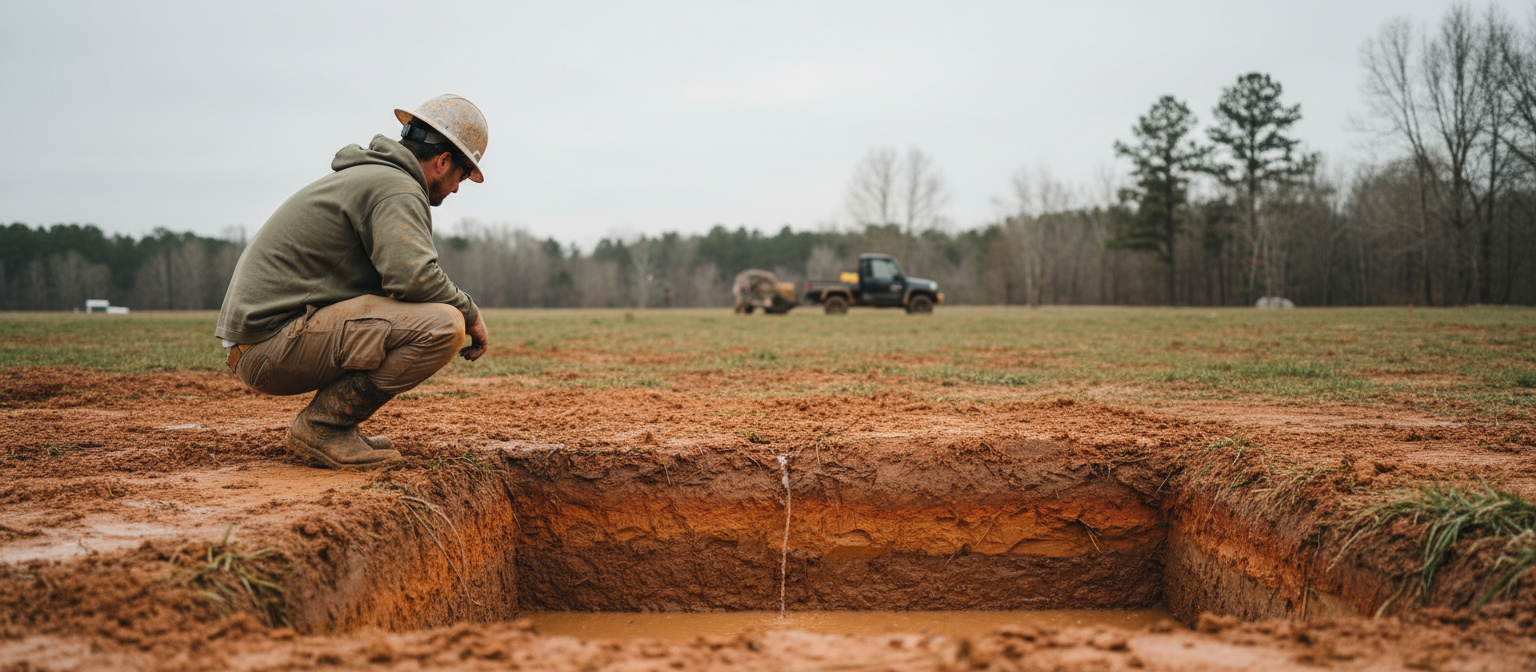 Methodology wars soil pit in NC red clay -- contractor evaluating exposed profile