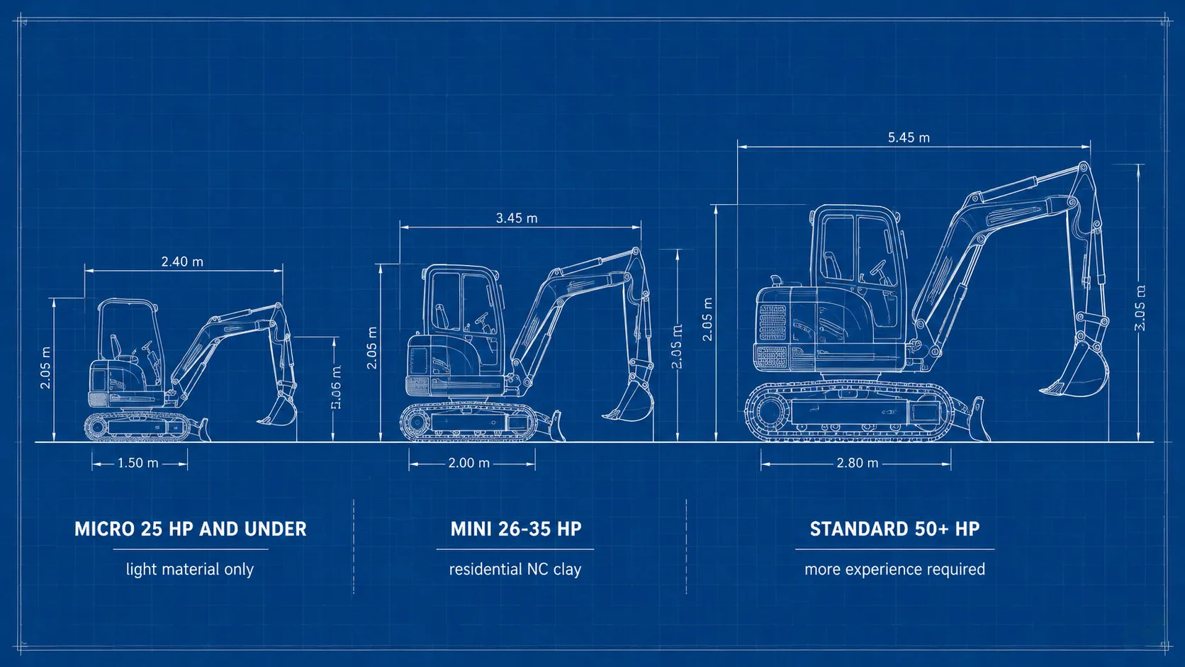 Blueprint diagram comparing three skid steer size classes — micro, mini, and standard — with HP ratings and NC clay suitability notes