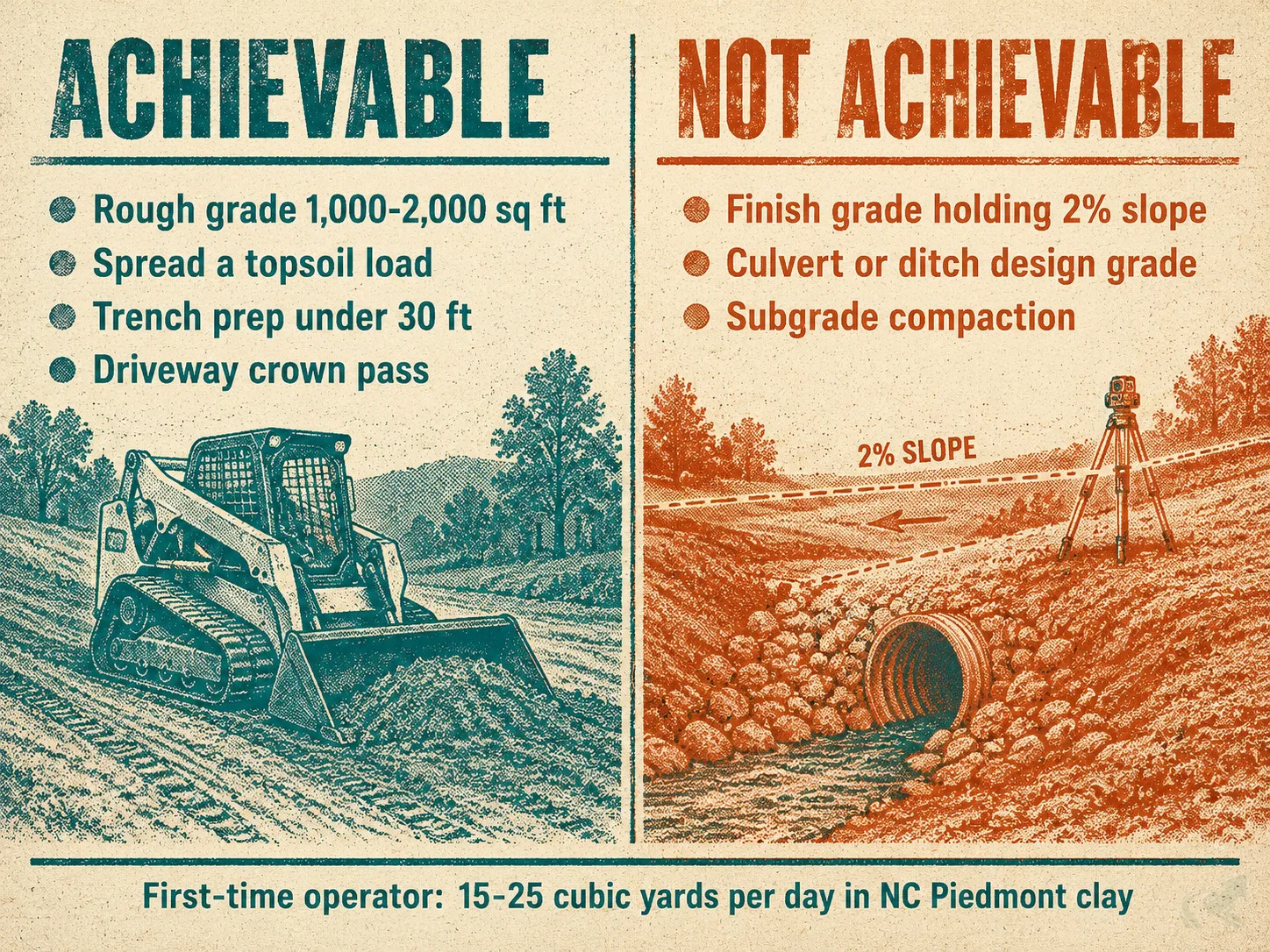 Risograph-style split panel showing achievable versus not achievable tasks for a first-time mini skid steer rental operator in NC clay