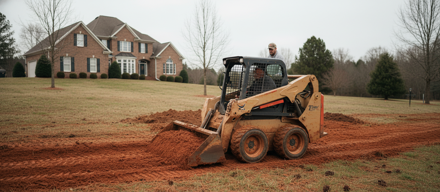 Mini skid steer rental working red NC clay in a Piedmont residential yard
