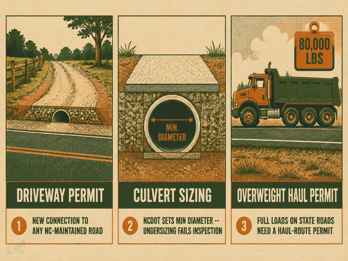 Risograph-style print showing three NCDOT requirements for NC grading projects: a driveway permit for any new road connection, culvert sizing to NCDOT spec, and an overweight haul-route permit for tri-axle trucks carrying full loads on state roads