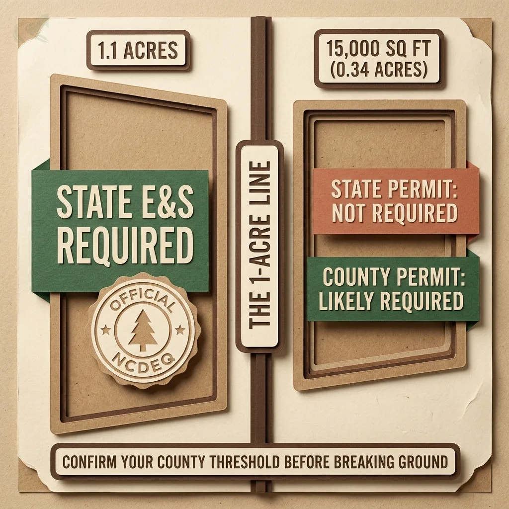 Papercraft split diagram showing the 1-acre threshold line: a 1.1-acre lot triggers State E&S Required, while a 15,000 sq ft (0.34-acre) lot shows State Permit Not Required but County Permit Likely Required