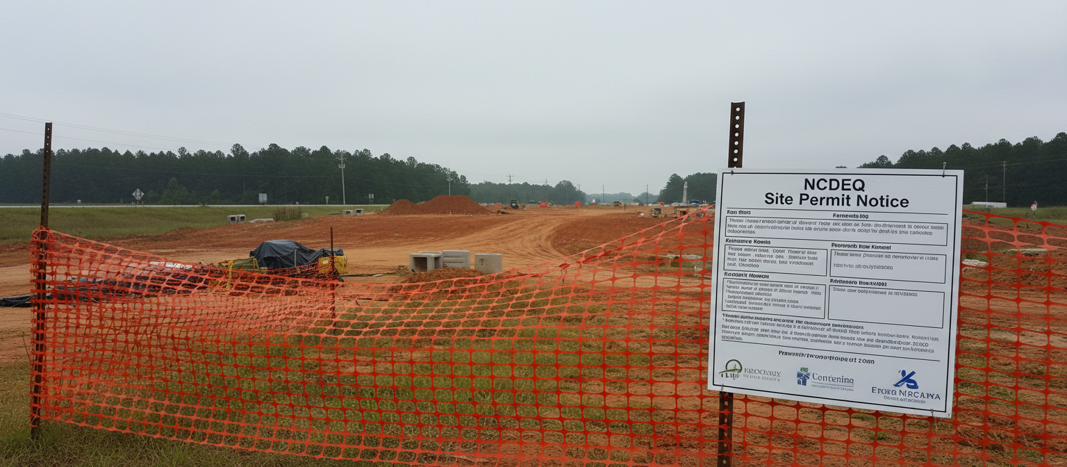 NC grading site E&S permit notice posted on orange silt fence