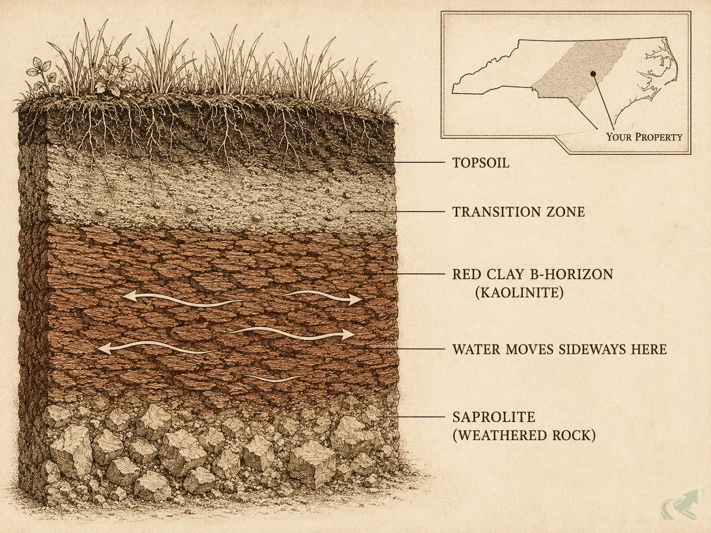 Field-guide cross-section of NC Piedmont soil showing topsoil, transition zone, dense red clay B-horizon with lateral water arrows, and saprolite -- the kaolinite plate structure that forces water sideways