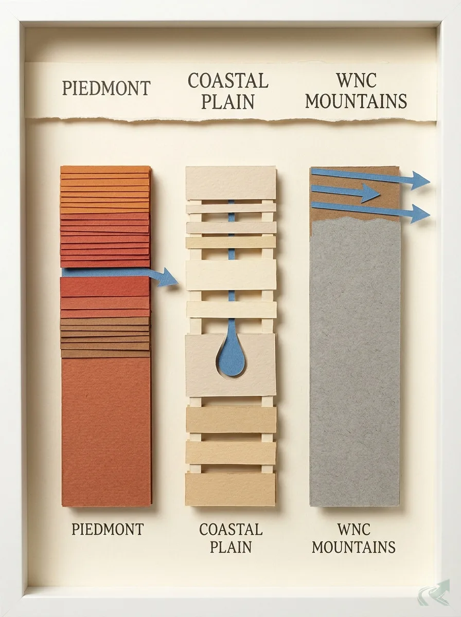 Papercraft soil core columns comparing NC's three zones: Piedmont dense red layers with lateral water arrow, Coastal Plain loose pale layers with water drop falling through, WNC Mountains thin soil over grey bedrock with surface runoff arrows