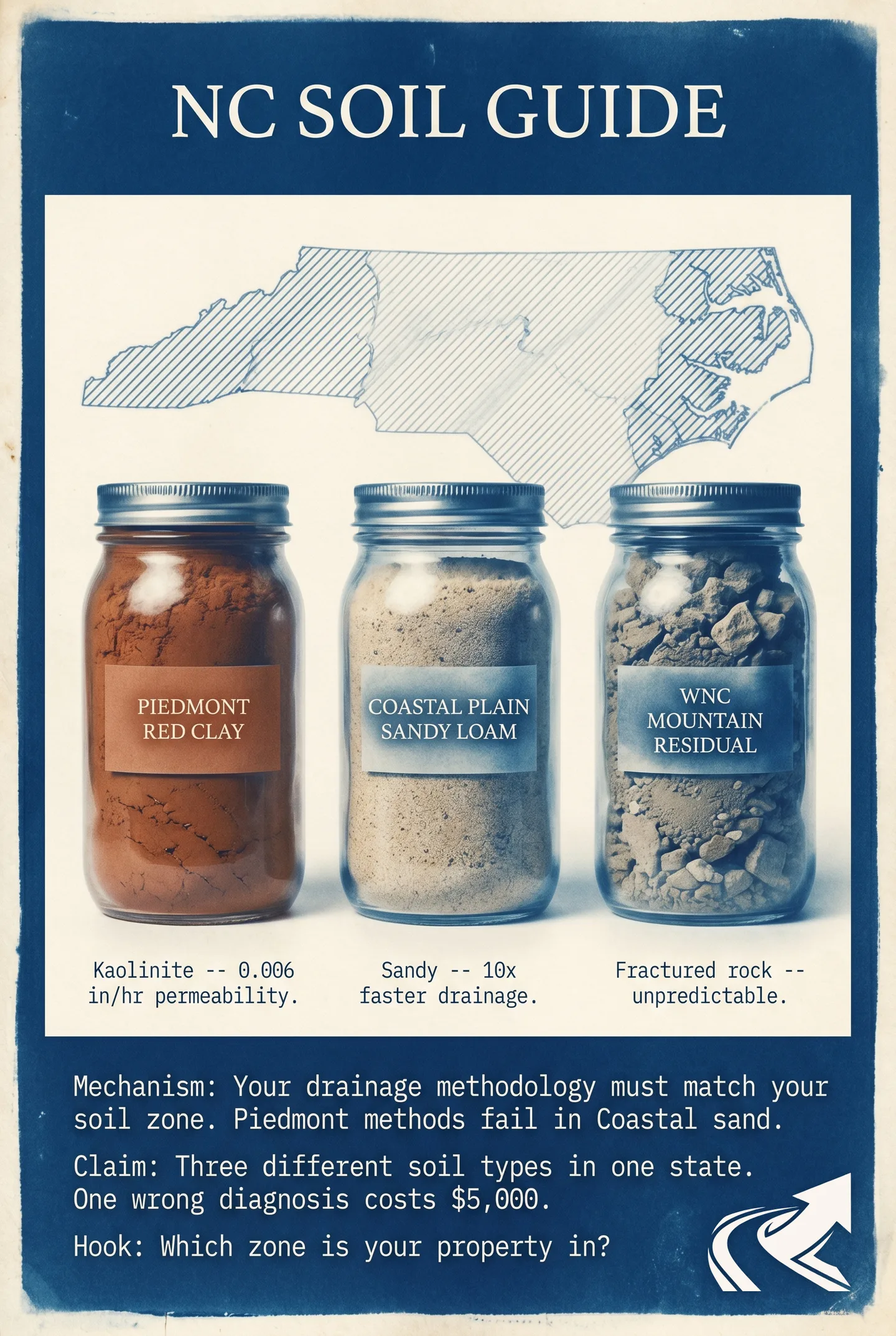 NC soil zones determine drainage methodology. Piedmont red clay, Coastal Plain sand, and WNC mountain rock each demand different solutions. Find your zone first.