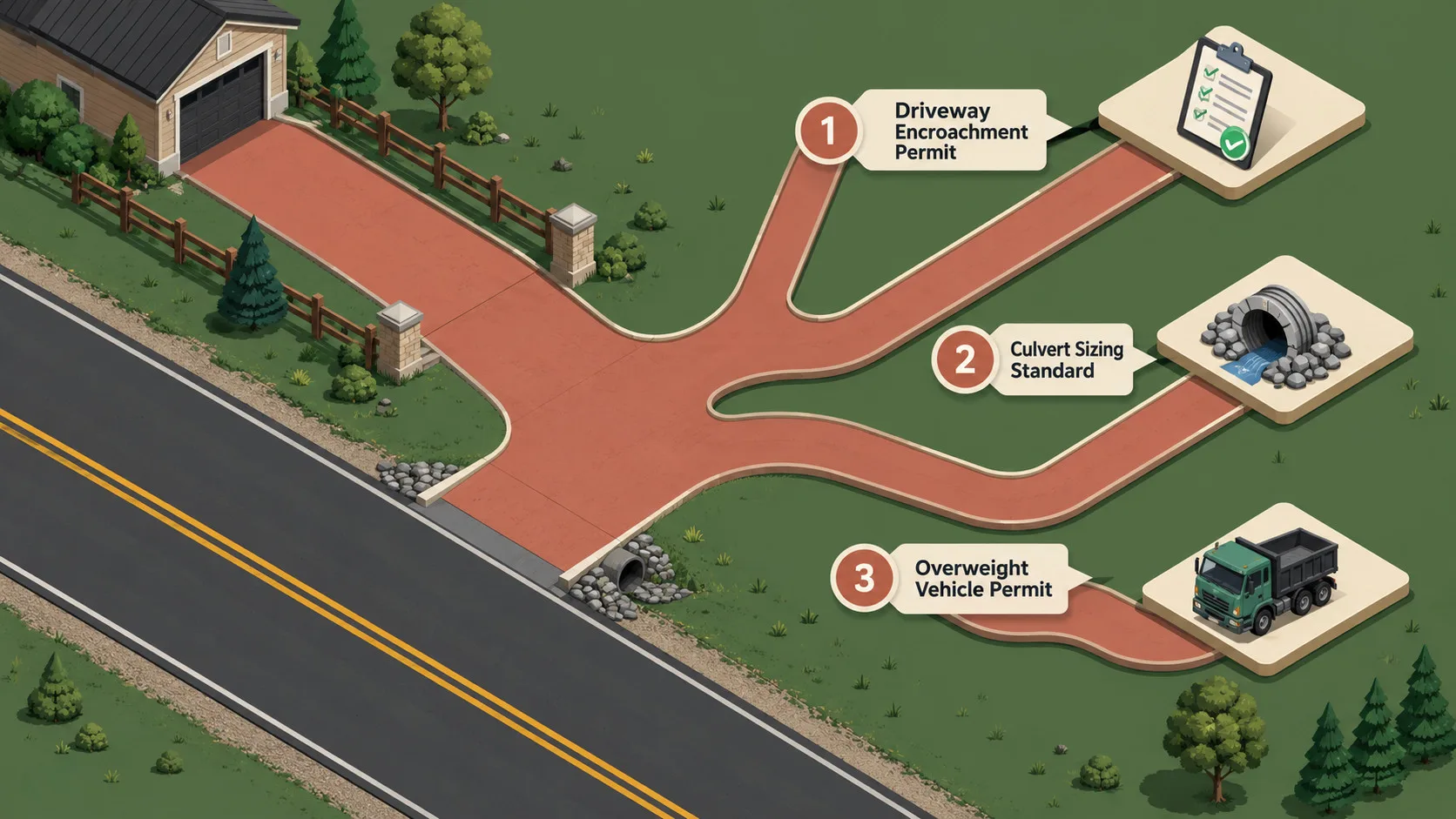 Flat isometric diagram of a driveway joining an NC-maintained road with three labeled regulatory tracks branching from the connection point