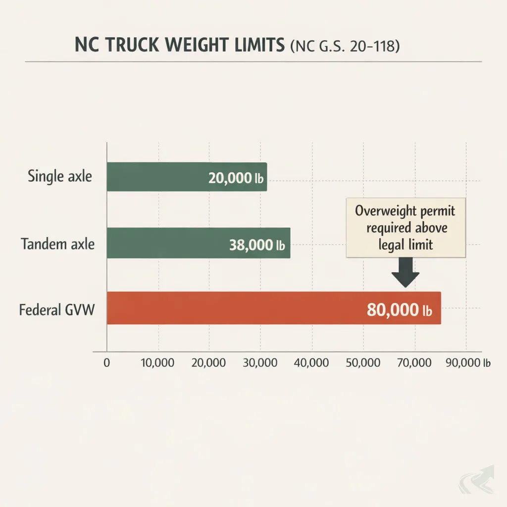 Horizontal bar chart showing NC legal truck weight limits: single axle 20,000 lb, tandem axle 38,000 lb, federal GVW 80,000 lb, with a callout indicating when an overweight permit is required