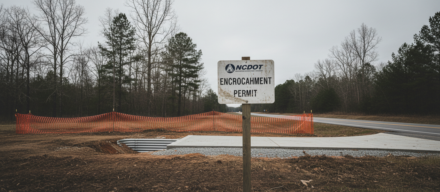 NCDOT driveway encroachment permit sign at NC road construction entrance