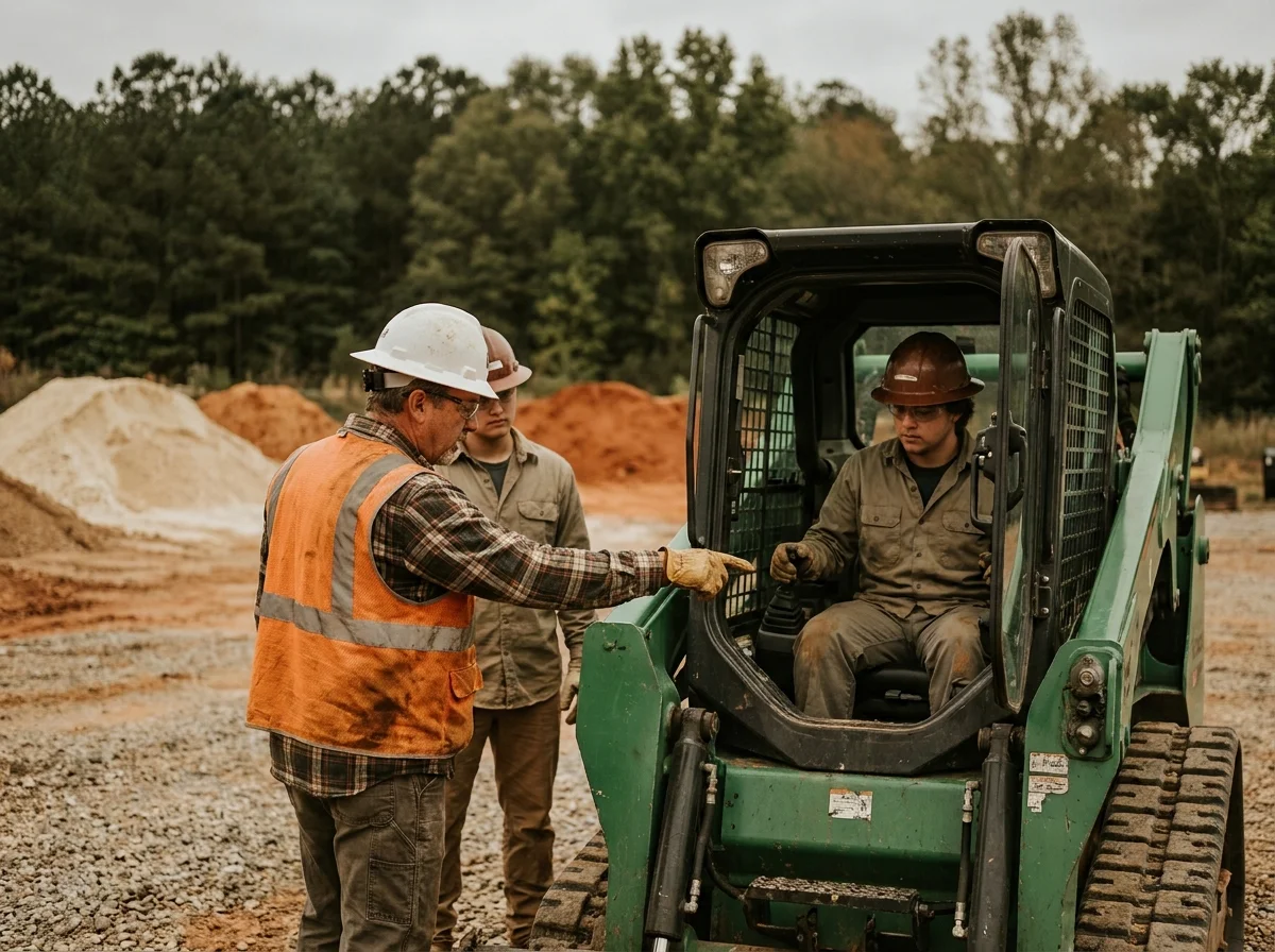 Construction instructor in orange safety vest pointing at skid steer controls while student sits in cab and second student observes -- outdoor training yard with terracotta soil mounds and NC tree line, overcast light