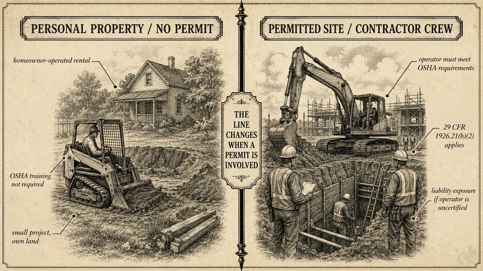 Vintage engraving comparison chart showing the regulatory divide between DIY equipment use on personal property (no OSHA requirement) and contractor-operated or permitted sites (OSHA machine-specific training required under 29 CFR 1926.21(b)(2))