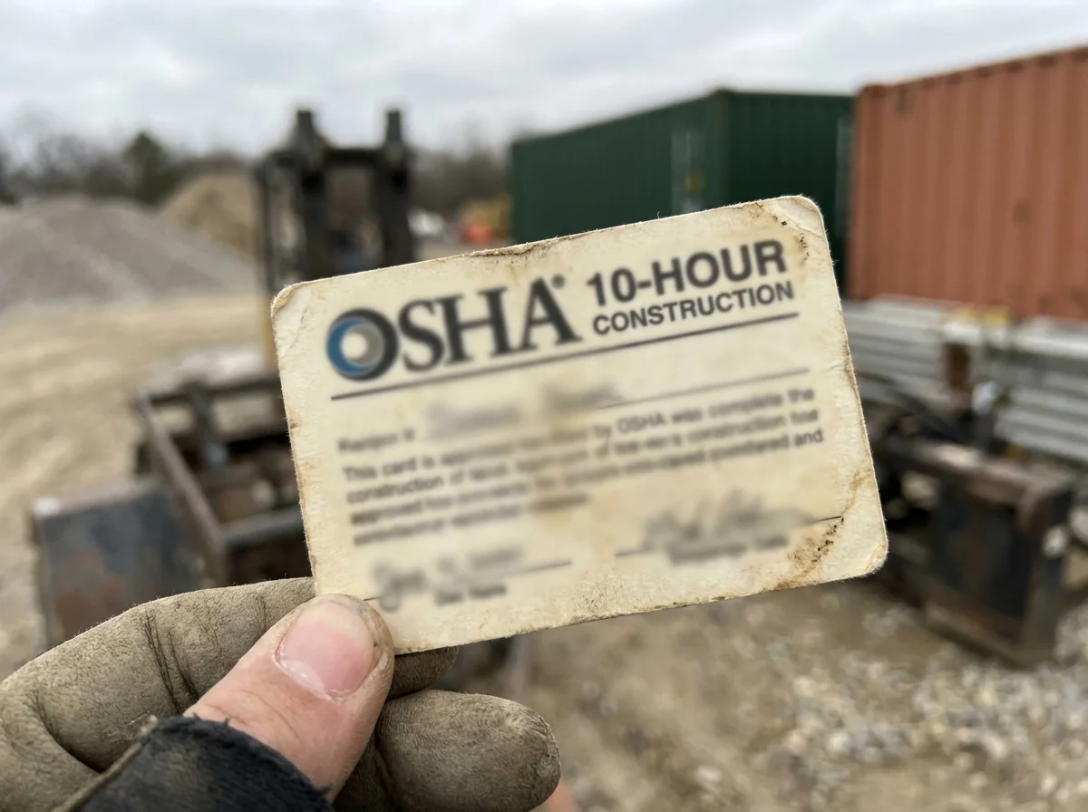 Gloved hand holding a worn OSHA 10-Hour Construction wallet card at a job site -- card header legible, body text blurred, green shipping container and gravel yard visible in background