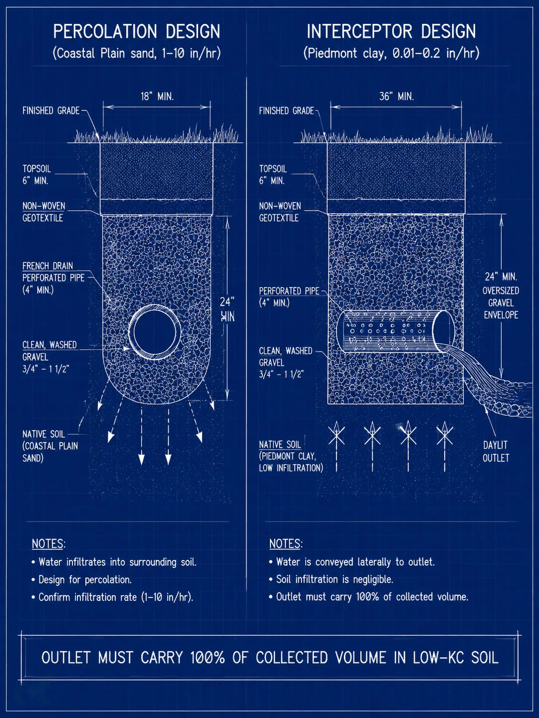 Blueprint cross-section comparison: left shows a percolation-dependent French drain in Coastal Plain sand (water arrows pointing down into soil); right shows an interceptor trench in NC Piedmont clay routing all water to a daylit outlet, with an oversized gravel envelope annotated.