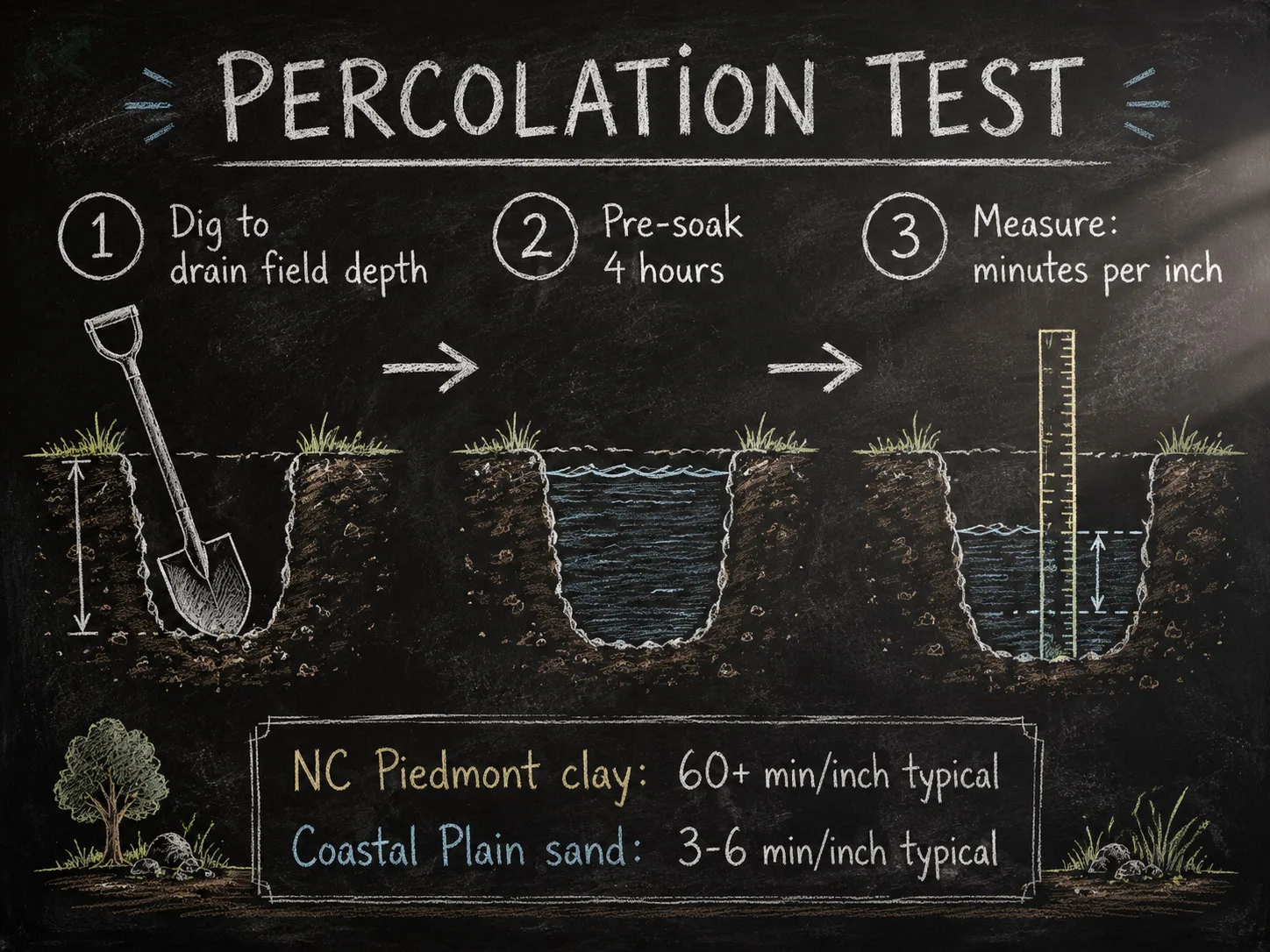 Three-step chalkboard diagram of a perc test: digging the hole, pre-soaking with water, then measuring how fast the water drops in minutes per inch -- with NC Piedmont clay and Coastal Plain sand typical rates annotated.