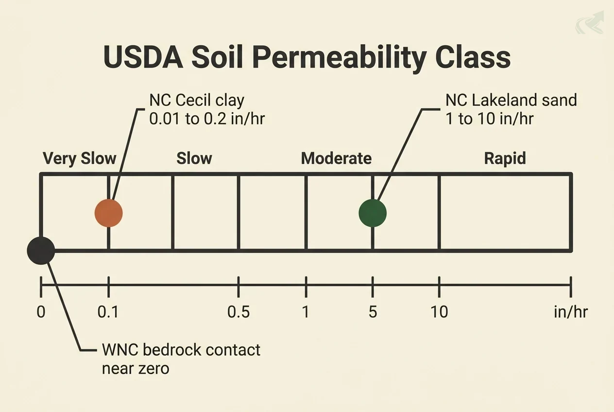 Diagram of the USDA soil permeability class scale from Very Slow to Rapid: NC Cecil clay marked at 0.01 to 0.2 inches per hour in the Very Slow to Slow range, NC Lakeland sand at 1 to 10 inches per hour in the Moderate to Rapid range, and WNC bedrock contact near zero.