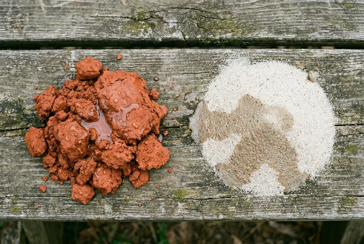 Two soil samples side by side on weathered wood: red NC Piedmont clay on the left with poured water beading and pooling on the surface, pale Coastal Plain sand on the right with the water already soaked in.