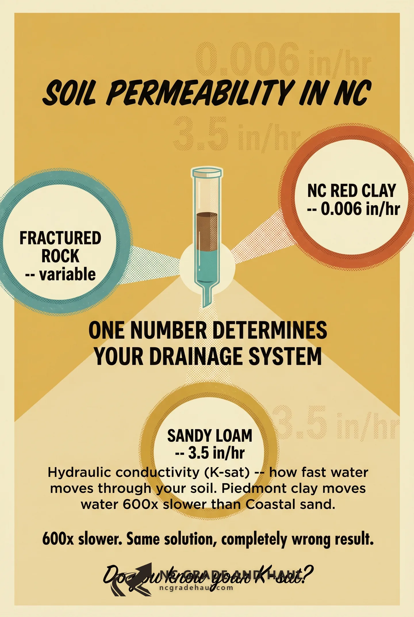 Soil permeability in NC: how hydraulic conductivity numbers (not feelings) determine which drainage system your yard actually needs.
