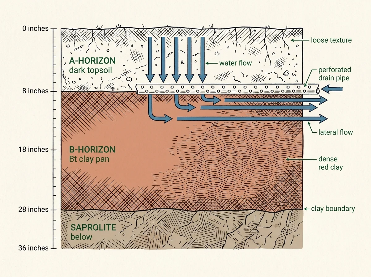Technical cross-section schematic of NC Piedmont soil profile showing A-horizon topsoil, B-horizon Bt clay pan with lateral flow arrows deflecting at the clay boundary, and saprolite below; depth scale 0-36 inches, perforated drain pipe correctly placed at top of Bt