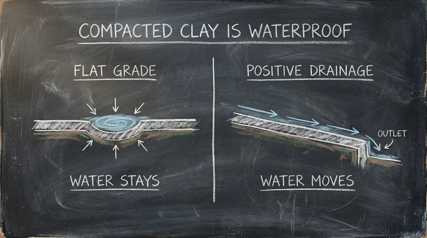 Chalkboard sketch titled Compacted Clay Is Waterproof showing two side-by-side diagrams: flat grade with water pooling inward labeled Water Stays, versus a sloped grade with water running off to an outlet labeled Water Moves