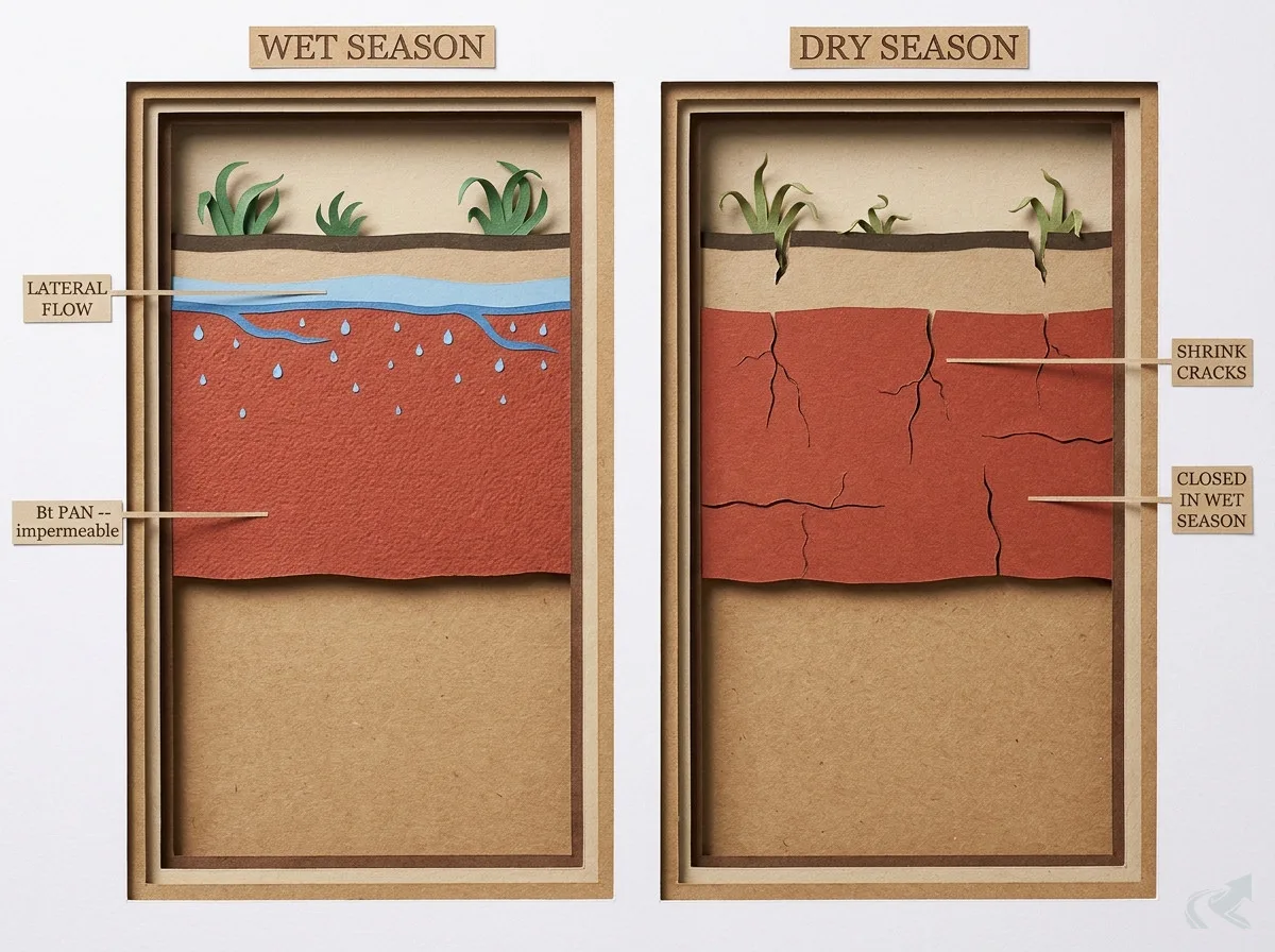Papercraft layered cross-section comparing NC Piedmont clay in wet season versus dry season: wet panel shows lateral flow running along the top of the impermeable Bt pan; dry panel shows shrink cracks running through the same red clay layer that close again in wet season