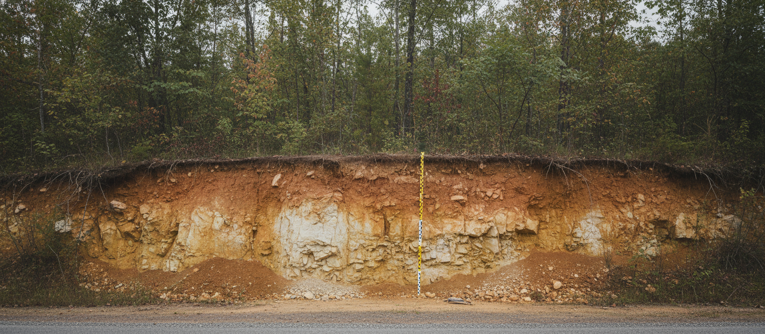 NC Piedmont road cut exposing red clay and saprolite soil horizons with survey rod
