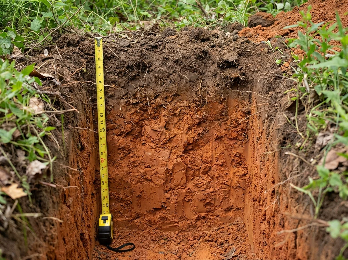 Freshly excavated NC Piedmont soil profile showing the abrupt horizon transition: dark humus-rich A-horizon topsoil at top giving way to dense bright red-orange Bt clay below, measuring tape at left for scale