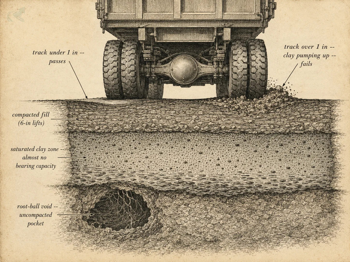 Vintage engraving cross-section showing three NC clay failure modes a proof roll reveals: uncompacted fill, saturated clay zone, and root-ball void, with pass and fail callouts