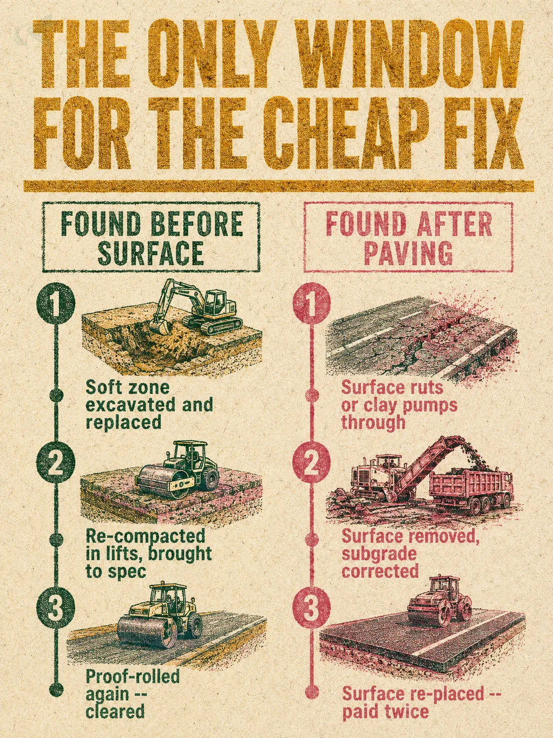 Risograph two-path timeline showing before-surface soft-spot repair as a three-step fix versus after-paving repair requiring full removal and replacement