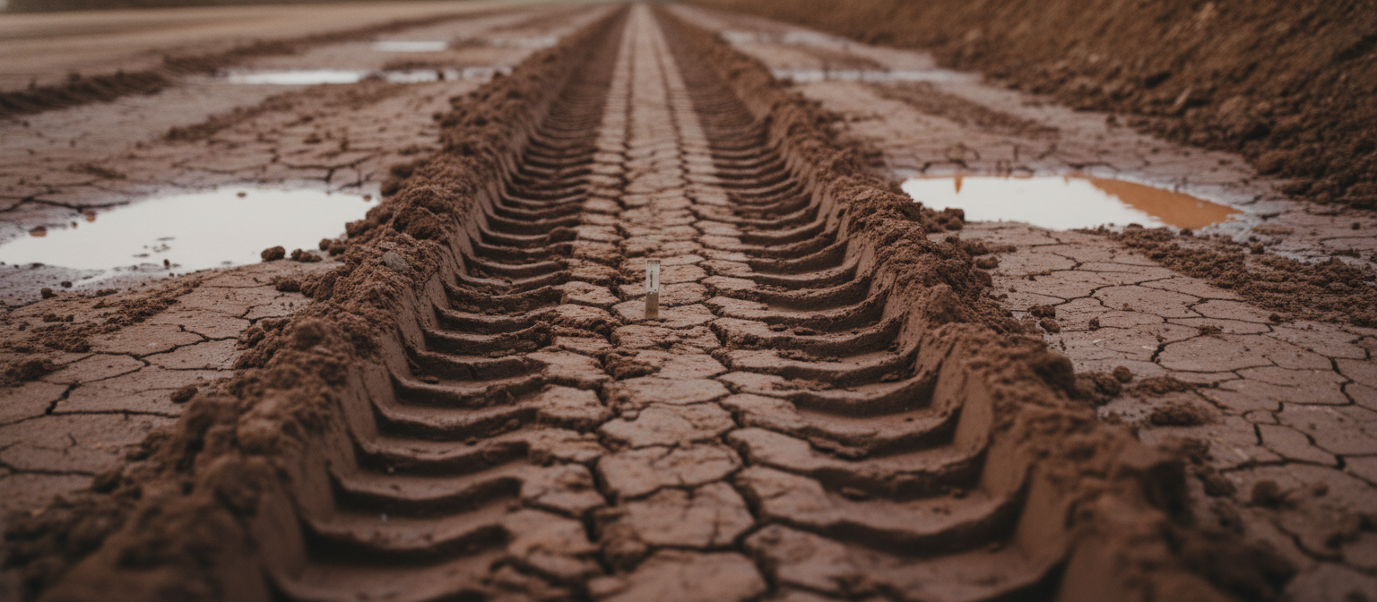 NC subgrade clay proof roll failure showing deep tire ruts and standing water