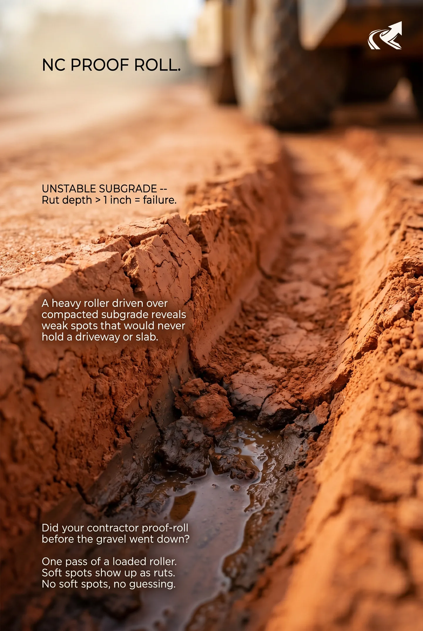 What proof-rolling is, how it reveals unstable NC clay subgrade before paving, and why you should ask for it before any driveway or pad gravel goes down.