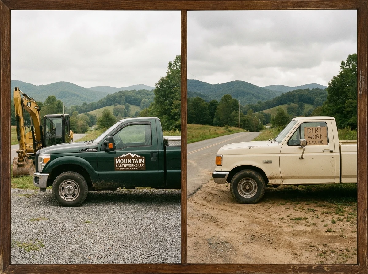 Diptych: left panel shows a green professional earthwork contractor truck with company branding and an excavator at a WNC mountain driveway; right panel shows an unmarked white pickup with a hand-lettered 'Dirt Work Call Me' sign and no equipment -- the two types of available in a surge market.