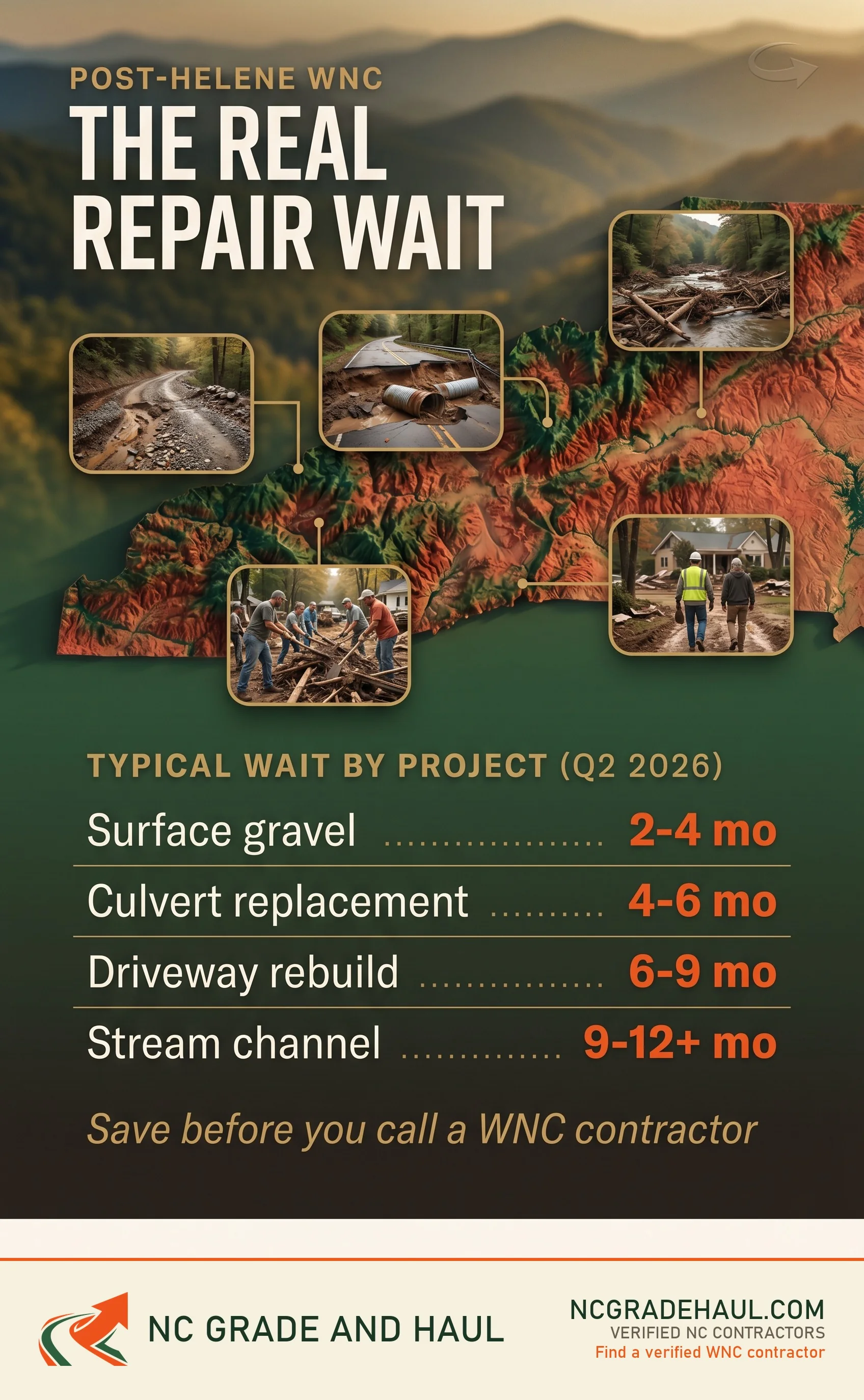 NC Grade and Haul infographic on a western North Carolina relief map: typical post-Helene repair wait times for a verified licensed contractor (Q2 2026) -- surface gravel 2-4 months, culvert replacement 4-6 months, full driveway rebuild 6-9 months, stream channel stabilization 9-12+ months.