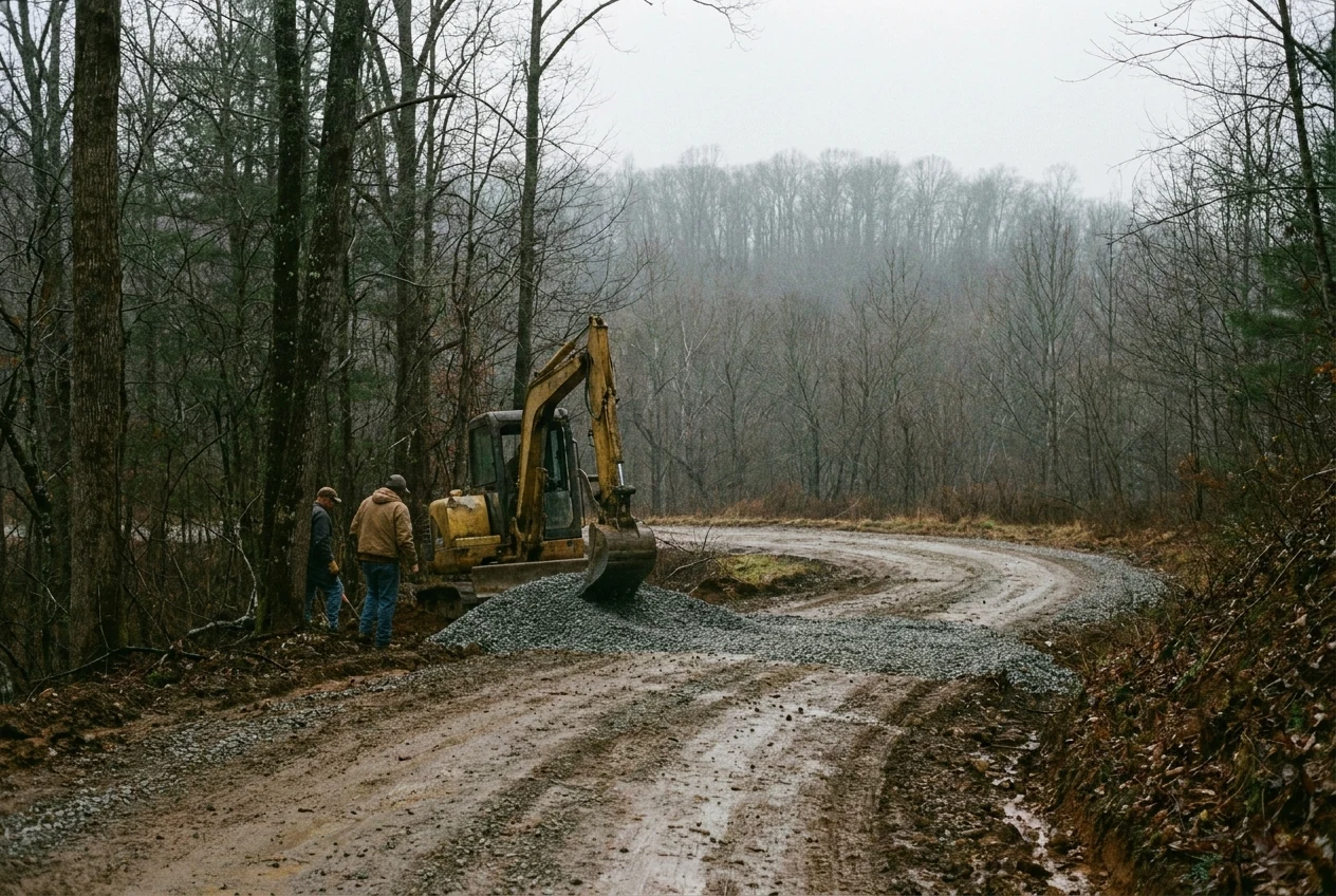 A narrow switchback mountain driveway in western North Carolina under repair, with an excavator placing fresh gravel along the road edge and a forested ridgeline fading into overcast mist behind.