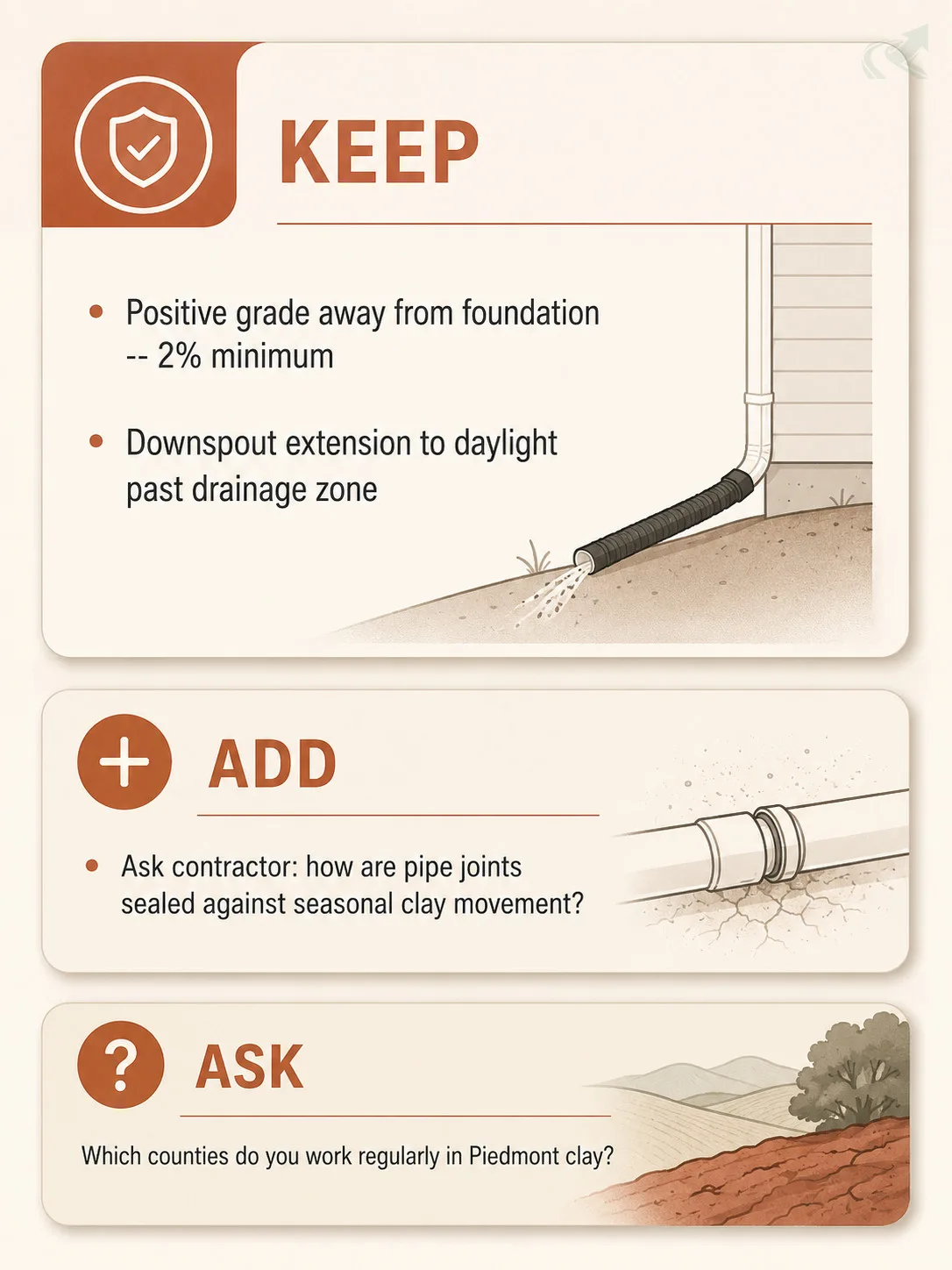 Bento-grid checklist with three cards: Keep (positive grade and downspout extension), Add (ask about pipe joint sealing against seasonal clay movement), and Ask (which Piedmont clay counties the contractor works in regularly)