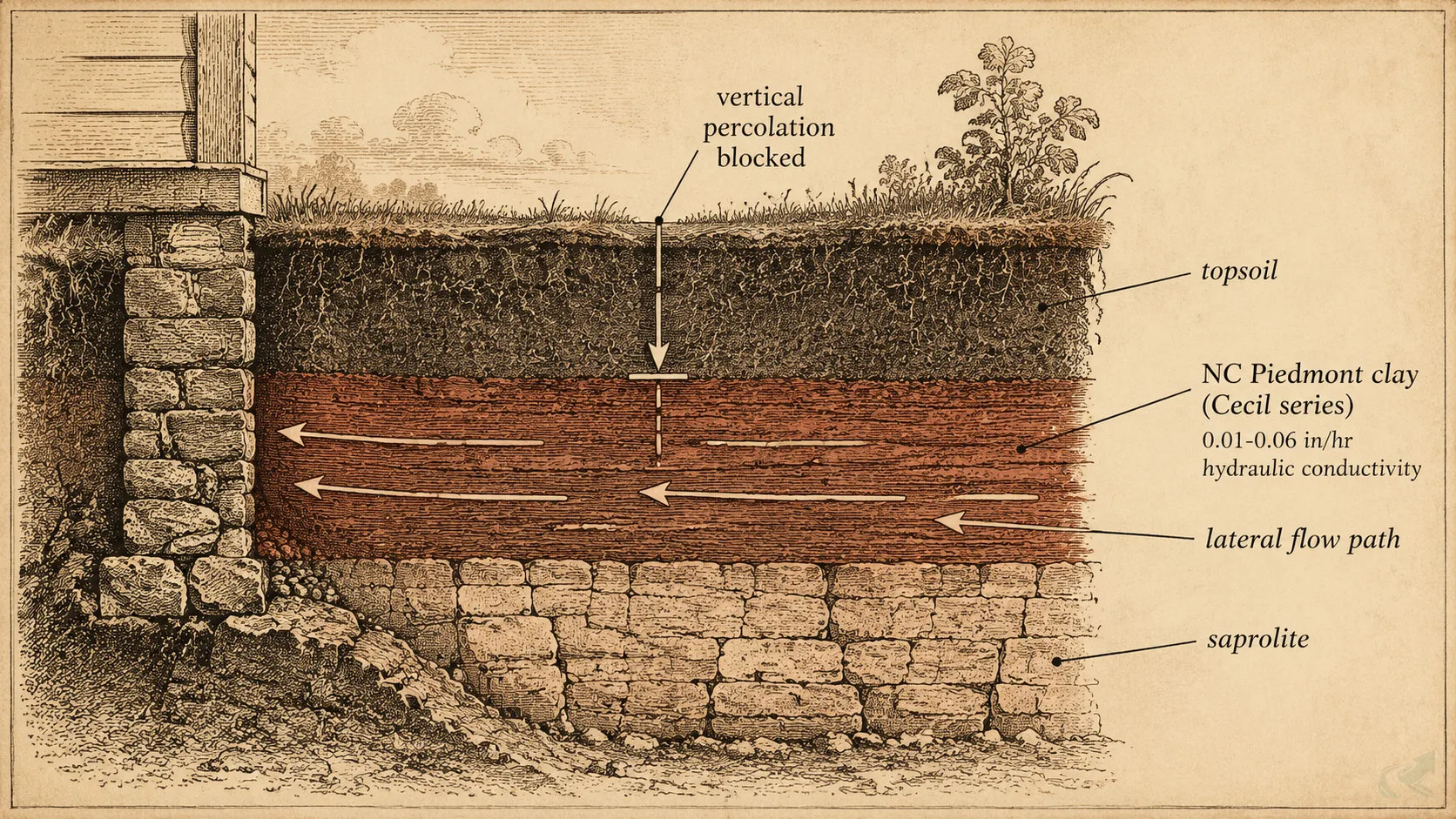 Cross-section diagram of NC Piedmont clay layers showing lateral water flow path along the kaolinite B-horizon rather than vertical percolation, with hydraulic conductivity of 0.01-0.06 inches per hour
