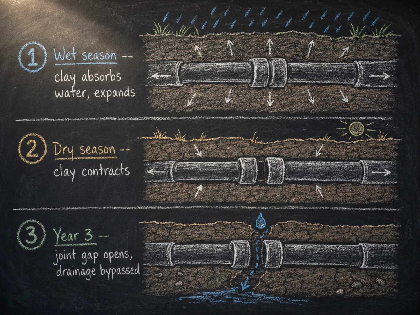 Three-step chalkboard diagram showing the seasonal clay shrink-swell cycle: wet season expansion, dry season contraction, and year-three pipe joint gap opening that allows drainage to be bypassed