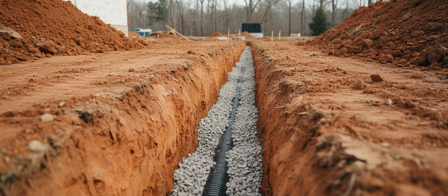 NC Gate City red clay drainage trench with corrugated pipe in gravel bed