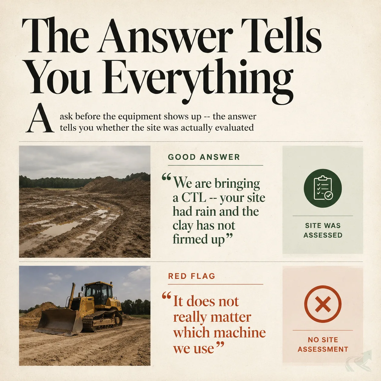 Magazine-layout comparison of a good contractor answer versus a red-flag answer to the CTL question, printed as an editorial spread