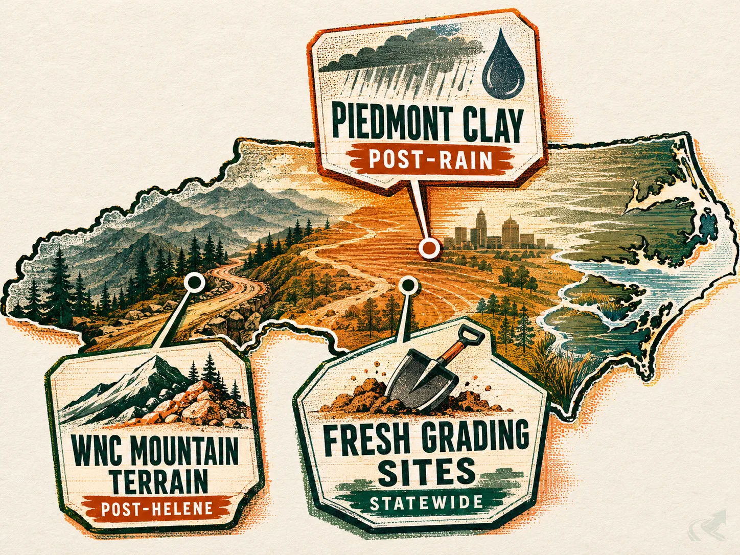 Risograph-style NC state map showing three CTL non-negotiable zones: Piedmont post-rain clay, statewide fresh grading sites, and WNC mountain terrain