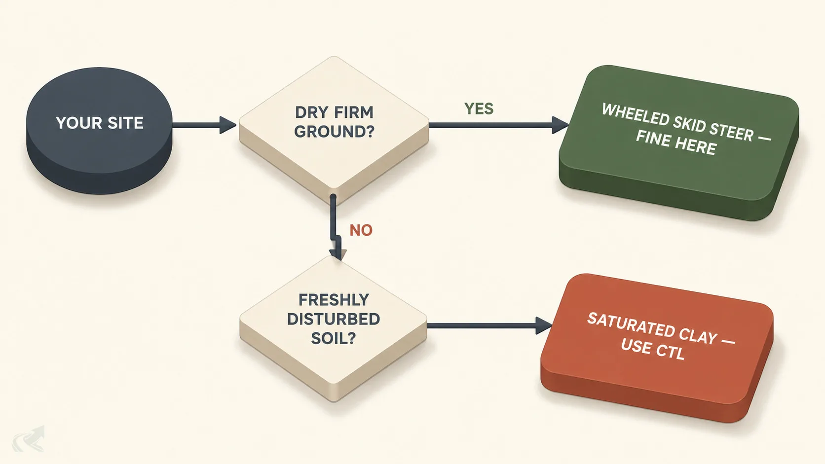 Decision flowchart: dry firm ground routes to wheeled skid steer; wet clay or freshly disturbed soil routes to CTL