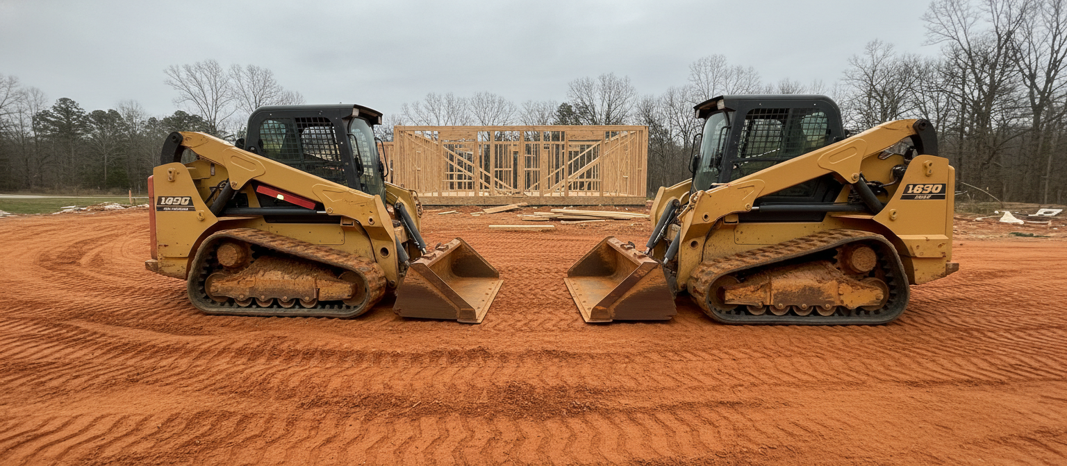 NC residential grading skid steer and CTL machines parked on red clay