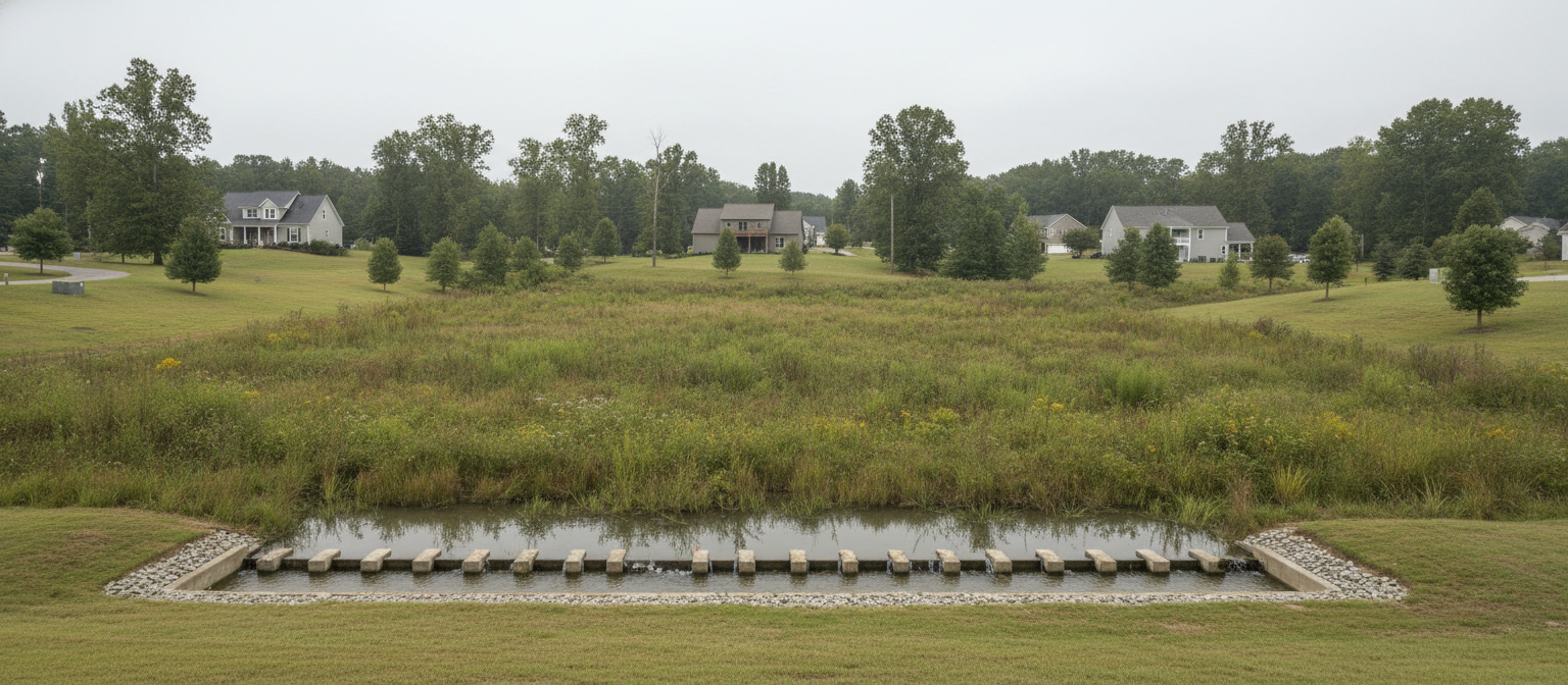 NC stormwater bioretention cell with stone check dam beside subdivision homes